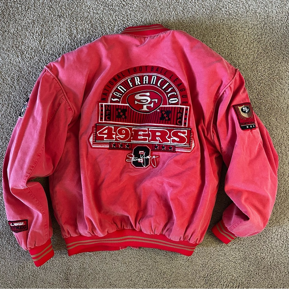 RARE! VINTAGE 49ERS NUTMEG BOMBER JACKET SF NINERS STEVE YOUNG PATCHES BANG BANG
